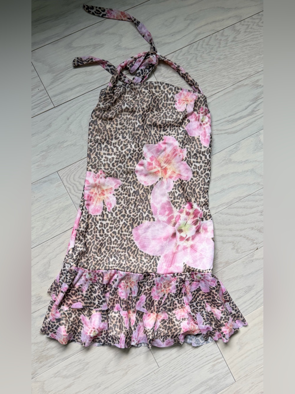 SHEIN Pink Floral Leopard-Print Girls Halter Dress
